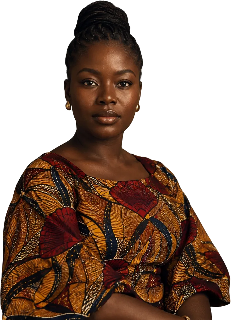 Portrait of an African woman in a gold, red and navy wax-print top